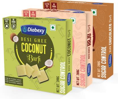 Diabexy Desi Ghee Sugar Free Barfi Combo (Coconut, Kaju & Chocolate Hazelnut ) 200 gm Each (Pack of 3) Box