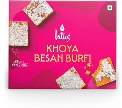 Lotus Khoya Besan Barfi 250 g Box, Made with Cow Ghee, Indian Mohanthal, Chana Burfi Box