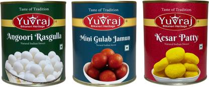Yuvraj Food Product Angoori Rasgulla,Mini Gulab Jmaun & Kesar Bati sweets 1 kg x 3 pack Can