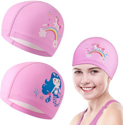 PROBEROS PU Swim Cap for Kids, Cartoon Printed Swimming Cap for Girls Elastic PU Swim Cap Swimming Cap