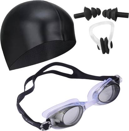 Lebami 100% Silicone Anti Fog Swimming Goggles, Cap, Earplug & Noseplug Set (Black) Swimming Kit
