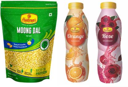 Haldiram's Nagpur Moong Dal 400G With Rose Sharbat (750 ml), Orange Squash (750 ml)