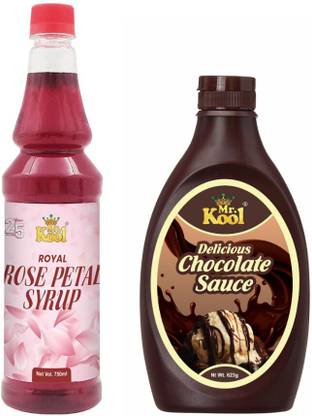 Mr.Kool Premium Rose Syrup With Petals For Falooda, Ice Cream, Sharbat 750ml | Delicious Chocolate Syrup 623G |Combo 1373G Chocolate