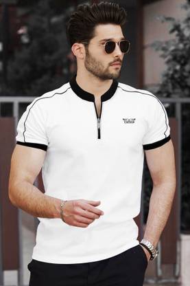 TRIPR Solid Men Mandarin Collar White, Black T-Shirt