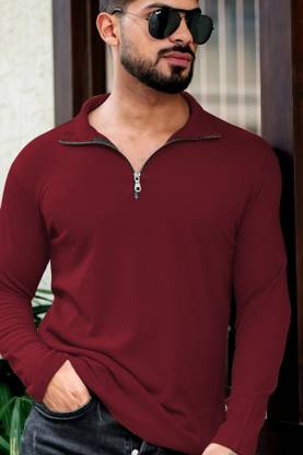 INDICLUB Self Design Men Polo Neck Maroon T-Shirt