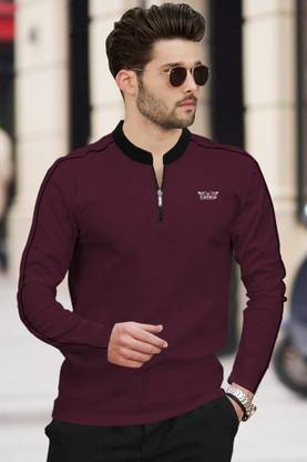 TRIPR Solid Men Mandarin Collar Maroon, Black T-Shirt