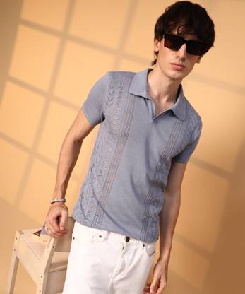 CAMPUS SUTRA Self Design Men Polo Neck Grey T-Shirt