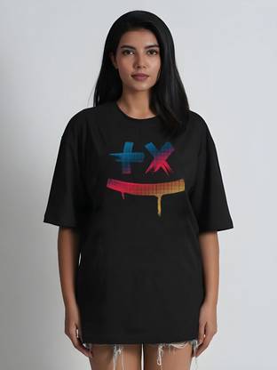 Moda Rapido Self Design Women Round Neck Black T-Shirt