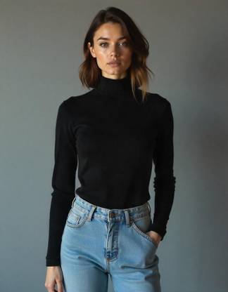 Helpom Solid Women Turtle Neck Black T-Shirt