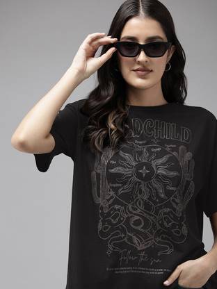 Roadster Printed Women Round Neck Black T-Shirt