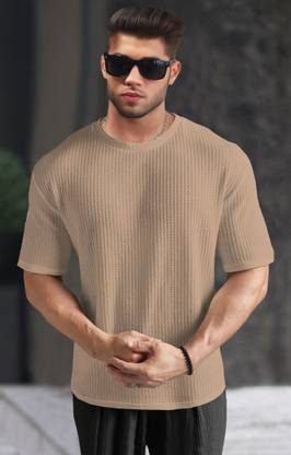 TRIPR Solid Men Round Neck Beige T-Shirt