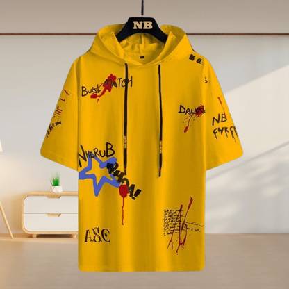 NB NICKY BOY Printed Men Hooded Neck Yellow T-Shirt