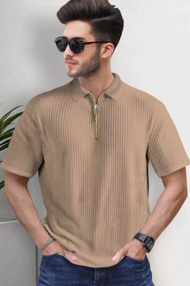 TRIPR Striped Men Polo Neck Beige T-Shirt