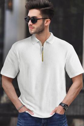 TRIPR Striped Men Polo Neck White T-Shirt