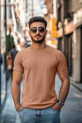 Veirdo Solid Men Round Neck Brown T-Shirt