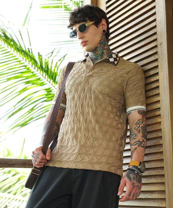 CAMPUS SUTRA Self Design Men Polo Neck Beige T-Shirt