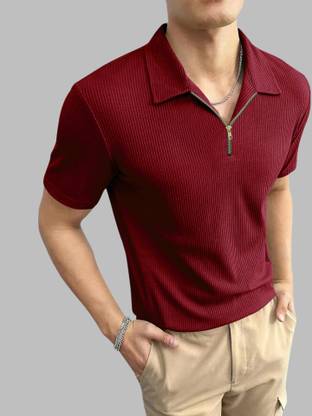 TAZO Solid Men Polo Neck Maroon T-Shirt