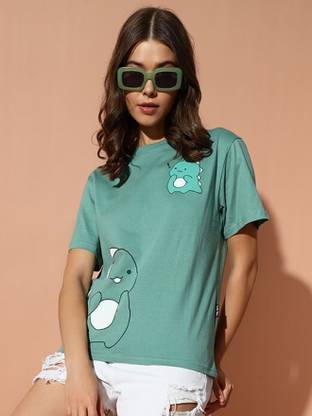 THE DRY STATE Printed Women Round Neck Green T-Shirt