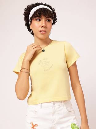 Dressberry Printed Women Round Neck Yellow T-Shirt
