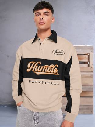 Jump Cuts Printed Men Polo Neck Beige, Black T-Shirt