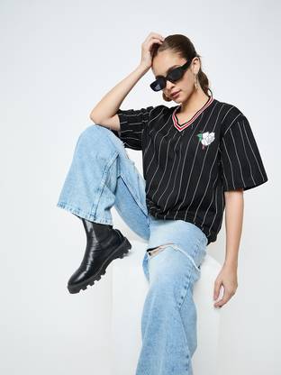 SKIDLERS Striped, Printed, Typography Women V Neck Black T-Shirt
