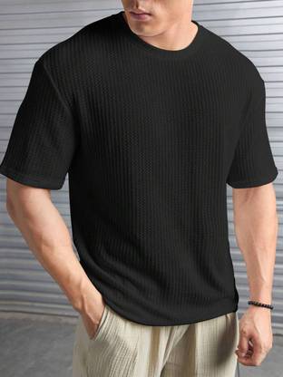 Elvesta Self Design Men Round Neck Reversible Black T-Shirt