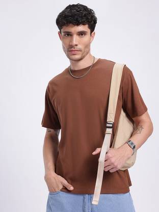 glitchez Solid Men Round Neck Brown T-Shirt