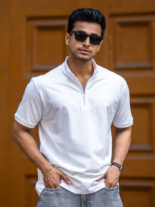 MANIAC Solid Men High Neck White T-Shirt