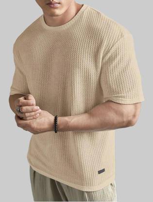 TAZO Solid Men Round Neck Beige T-Shirt