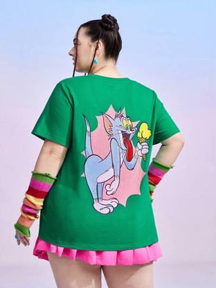 TOM AND JERRY by DreamBe Printed Women Round Neck Dark Green T-Shirt