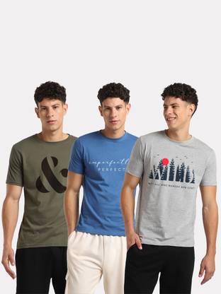 NOBERO Graphic Print, Printed, Typography Men Round Neck Green, Blue, Grey T-Shirt