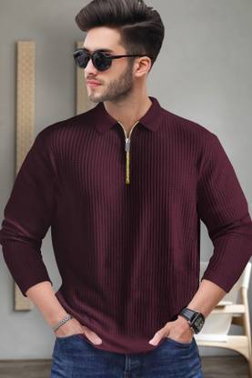 TRIPR Solid Men Polo Neck Maroon T-Shirt