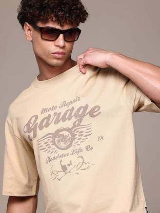 Roadster Printed Men Round Neck Beige T-Shirt