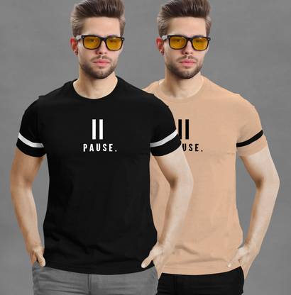 TRIPR Printed Men Round Neck Black, Beige T-Shirt