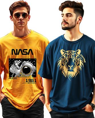 AUSK Printed Men Round Neck Dark Blue, Yellow T-Shirt