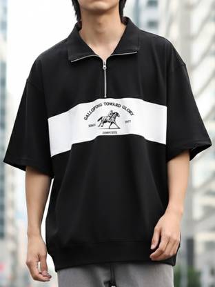 Jump Cuts Printed Men Polo Neck Black, White T-Shirt