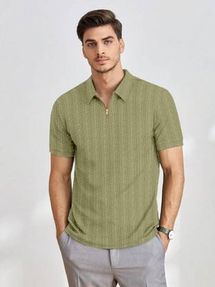 COMBRAIDED Self Design Men Zip Neck Green T-Shirt