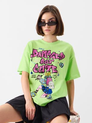 The Souled Store Printed, Typography Women Round Neck Green T-Shirt