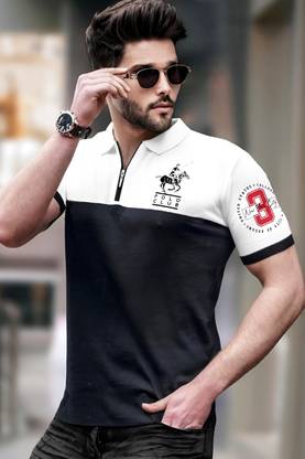 TRIPR Solid Men Polo Neck White, Black T-Shirt