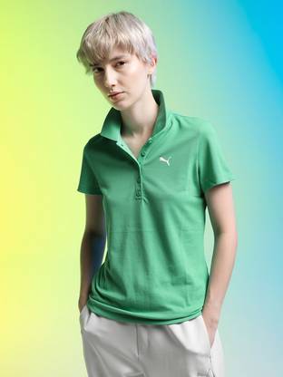 PUMA Solid Women Polo Neck Green T-Shirt