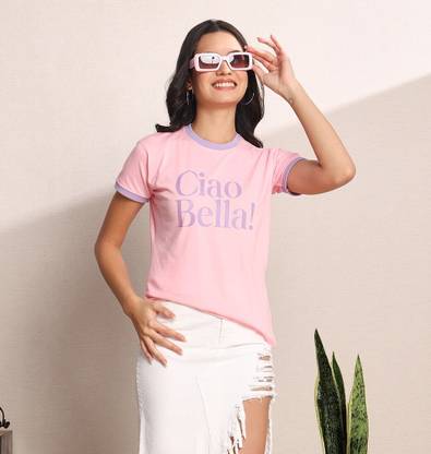 silver threads Printed Women Round Neck Pink T-Shirt