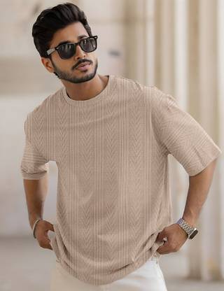 Force Solid Men Round Neck Beige T-Shirt