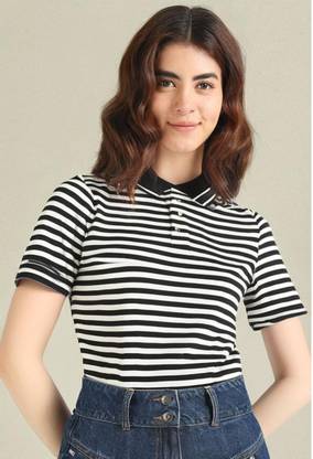 MACK JONNEY Striped Women Polo Neck Black T-Shirt