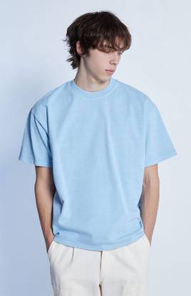 Moyzikh Solid Men Round Neck Light Blue T-Shirt