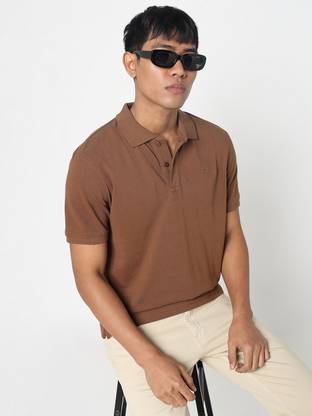 R&B Solid Men Peter Pan Collar Brown T-Shirt