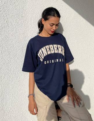 JUNEBERRY Printed, Graphic Print Women Round Neck Navy Blue T-Shirt