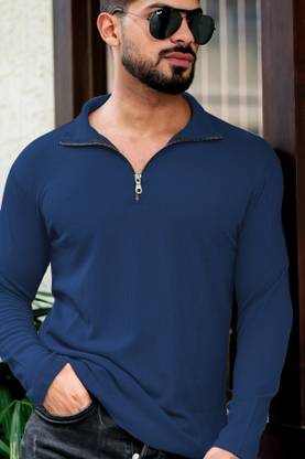 INDICLUB Self Design Men Polo Neck Blue T-Shirt