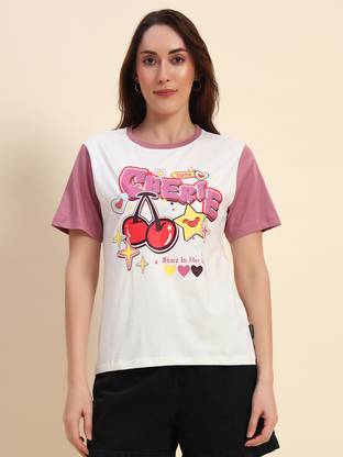 THE DRY STATE Printed Women Round Neck Purple, White T-Shirt
