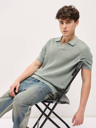 THE BEAR HOUSE Self Design Men Polo Neck Green T-Shirt