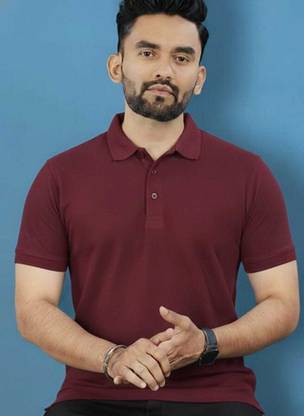 Men Solid Polo Neck Polyester Maroon T-Shirt